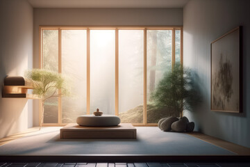 This minimalist Zen Room Meditation interior provides a calm and peaceful space for home meditation. Soft natural light and a muted color palette create a soothing atmosphere, encouraging relaxation.