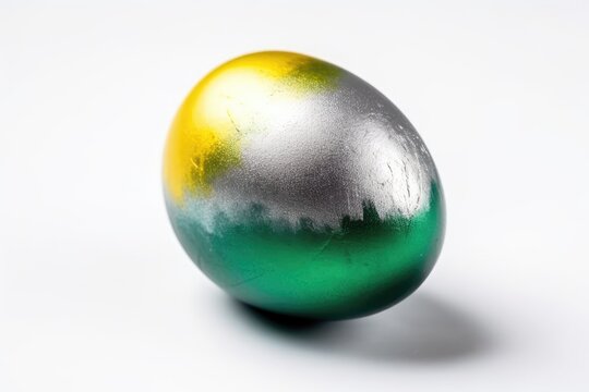 silver and green painted Easter egg on a plain white background. Generative AI