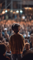 Child seen from behind performs on stage in front of a large audience - Ai generativa