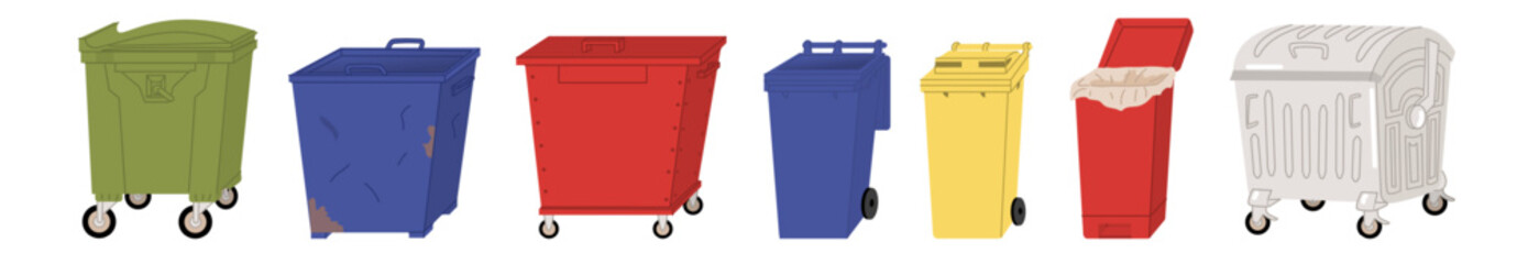 A set of large street trash cans. On wheels and without. Plastic or metal. With and without lid. New or rusty. Design for waste collection companies. City cleaning. Flat style in vector illustration.