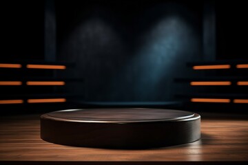 Luxury wooden product placement podium platform, studio background. Generative AI.