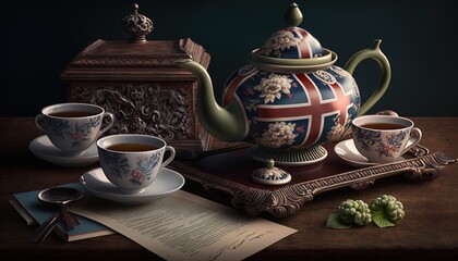 close up traditional vintage tea set , Generative Ai - obrazy, fototapety, plakaty