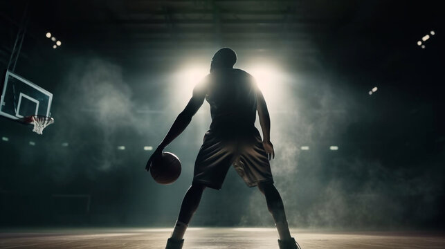 Basketball player seen from the back, dribbles looking at the basket. Dramatic scenery with lights and smoke in dark environment - Ai generative