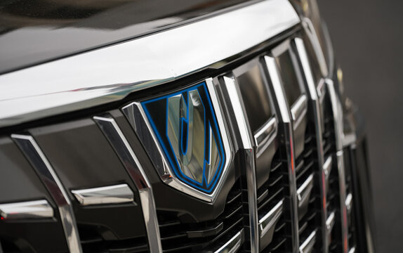 The logo sign of Toyota Alphard, a minivan produced by the Japanese automaker Toyota. Close up detail view. Tokyo, 2023.