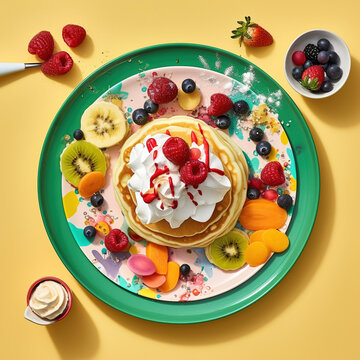 Pancakes on a plate, healthy fruits and sweets, plain background, generative AI
