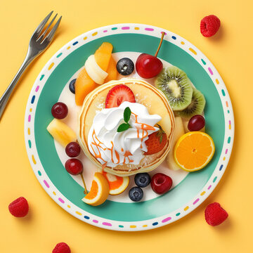 Pancakes on a plate, healthy fruits and sweets, plain background, generative AI
