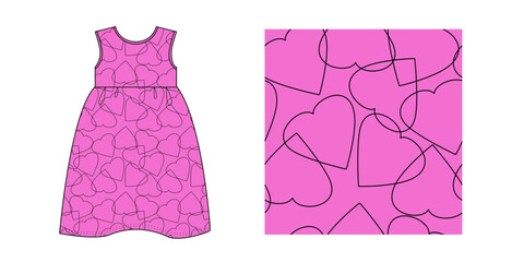 KID GIRLS WEAR SLEEVELESS DRESS with pattern of hearts on pink background. Vector illustration