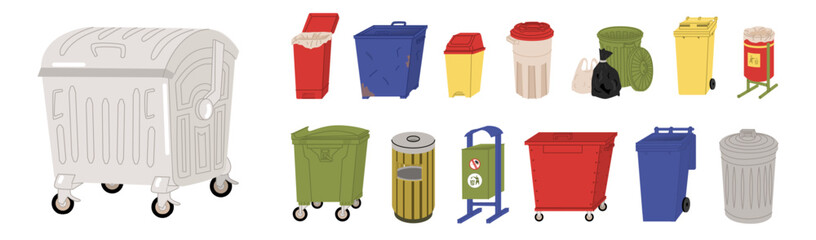 Set with Containers for waste disposal. Waste sorting. Garbage bins. Design for waste collection companies. City cleaning. Flat style in vector illustration. Isolated objects.