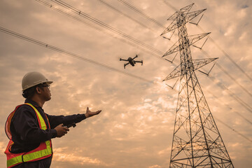 Asian electrical engineer wearing safety gear working near high voltage pylon High-voltage...