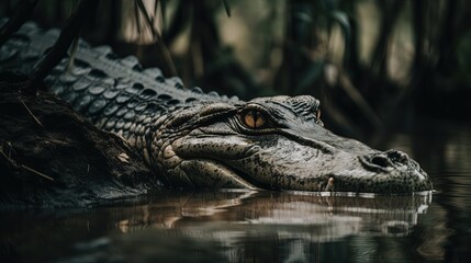 Obraz premium Crocodile swimming underwater in rainforest, generative Ai