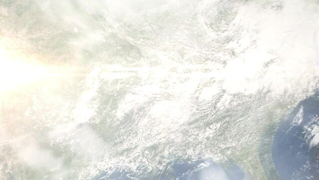 Earth zoom in from outer space to city. Zooming on West Memphis, Arkansas, USA. The animation continues by zoom out through clouds and atmosphere into space. Images from NASA