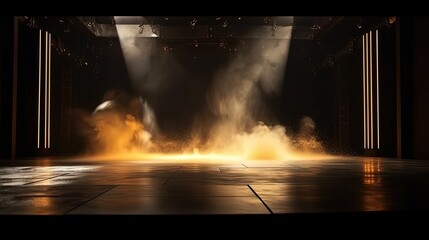 Fototapeta na wymiar fire stage with spotlights shine on floor in dark room, idea for background backdrop, Generative Ai