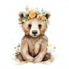 Cute watercolor portrait of a baby bear cub wearing wild flower wreath. Decorative element for invitations, Easter greeting cards, stickers, nursery 