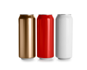 Aluminum cans with drinks on white background
