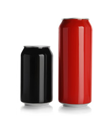 Aluminum cans with drinks on white background