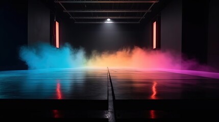 gradient colorful spotlights shine on stage floor in dark room, idea for background backdrop, music hall or studio, Generative Ai