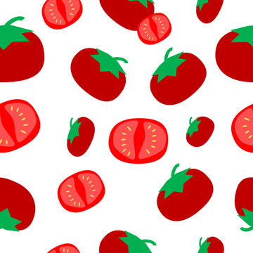 set of red and green tomato and catted tomato on white background as seamless repeat pattern, replete image design for fabric print or kids wallpaper