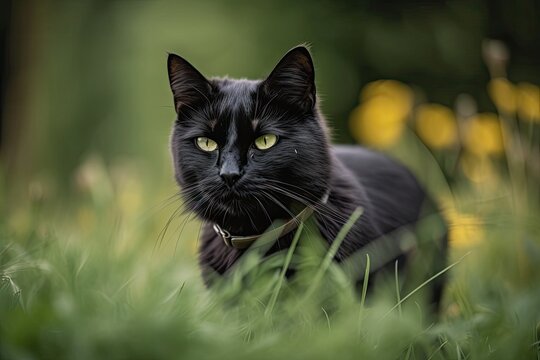 A black cat walks through the green garden grass. Generative AI