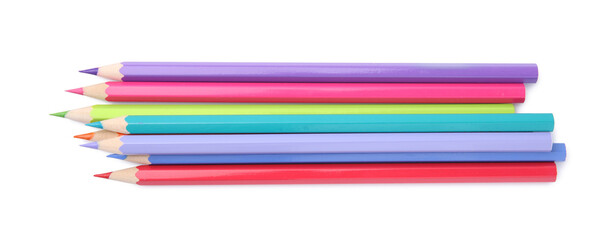 Pile of colorful wooden pencils on white background, top view