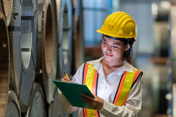Asian woman engineer in uniform inspection warehouse and check control heavy machine construction installation in industrial factory. technician worker check for repair maintenance operation system