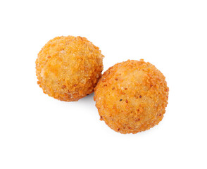 Delicious fried tofu balls on white background, top view
