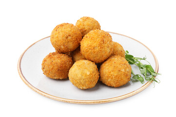Plate with delicious fried tofu balls and pea sprouts on white background