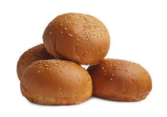 Stack of fresh tasty buns with sesame seeds isolated on white