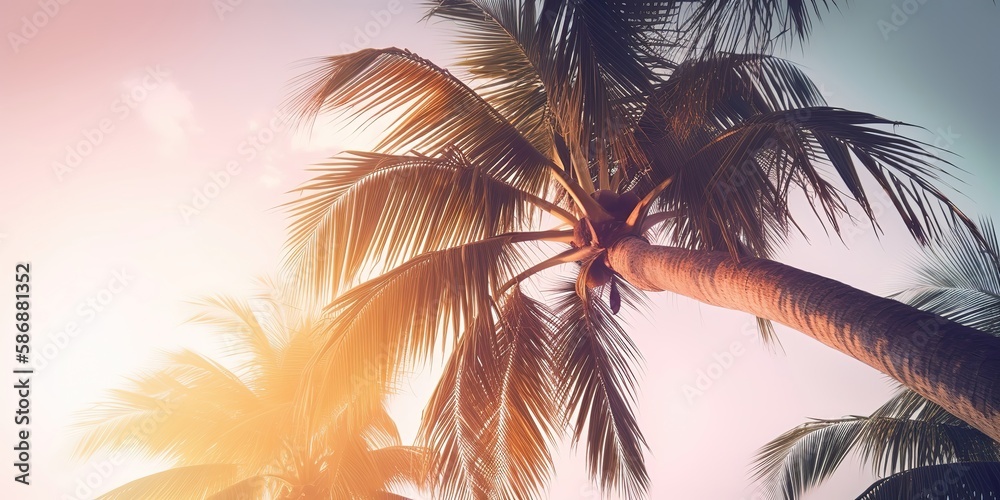 Poster Summer landscape of palm trees and sky in retro style.Colorful summer template. Concept of recreation. Generative AI