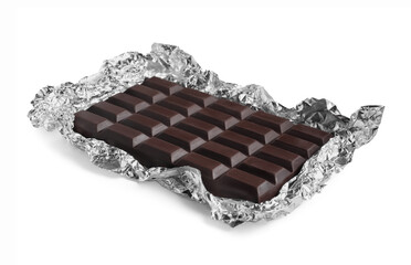 Fototapeta na wymiar Delicious dark chocolate bar with foil isolated on white
