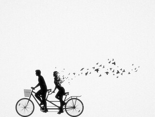 Fototapeta na wymiar Loving couple on bike tandem. Death, afterlife. Flying bird silhouette