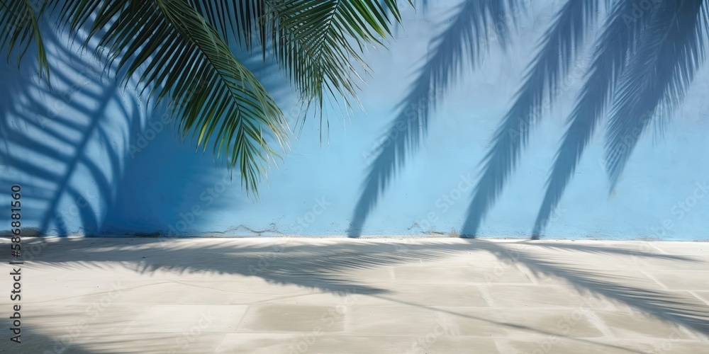 Poster the shadow of palm leaves on the wall.colorful summer template. concept of recreation. generative ai