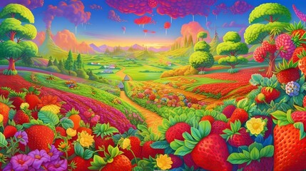 Fototapeta na wymiar Surreal strawberry landscape. Generative AI
