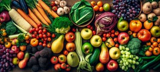 Assortment of fresh organic fruits and vegetables, top view. Generative AI.