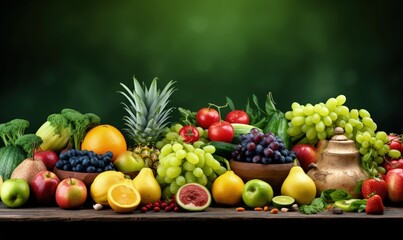 Assortment of fresh organic fruits and vegetables. The background is a blurred green garden. Generative AI.
