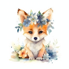 Cute watercolor portrait of a baby fox wearing wild flower wreath. Decorative element for invitations, Easter greeting cards, stickers, nursery 