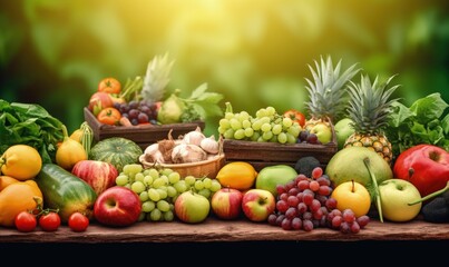 Naklejka na ściany i meble Assortment of fresh organic fruits and vegetables. The background is a blurred green garden. Generative AI.