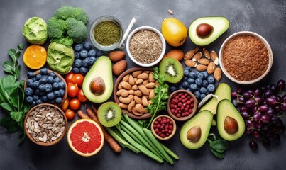 Healthy food clean eating selection: fruit, vegetable, seeds, superfood, cereal, leaf vegetable on gray concrete background. Generative AI.