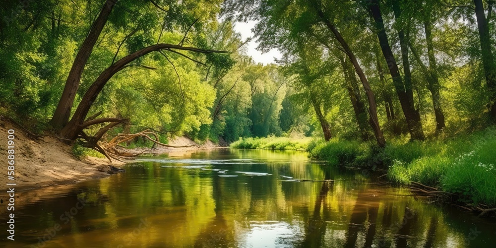 Poster view of the river flowing through the woods.colorful summer template. concept of recreation. generat