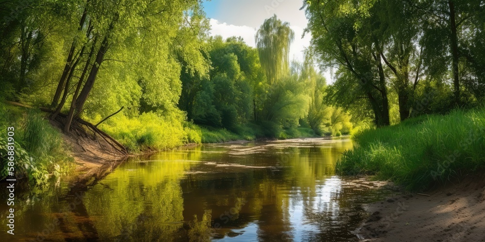 Poster view of the river flowing through the woods.colorful summer template. concept of recreation. generat