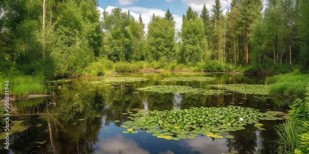 Poster view of the river flowing through the woods.colorful summer template. concept of recreation. generat