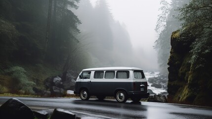 Fototapeta premium a car is driven through forest with fog drift through forest, Generative Ai
