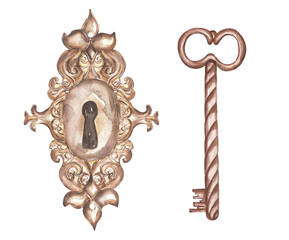 Watercolor retro style key and lock illustration set. vintage key, padlock  clipart