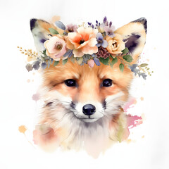 Obraz premium Cute watercolor portrait of a baby fox wearing wild flower wreath. Decorative element for invitations, Easter greeting cards, stickers, nursery 