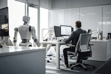 Obraz na płótnie Canvas Back of man sitting and discussing with robot inside office. The tester is conducting an experiment with a robot. generative ai