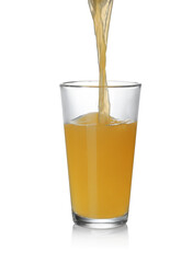 Pouring fresh juice into glass on white background