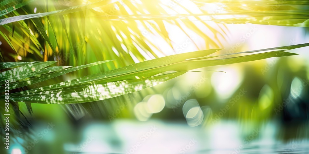 Poster summer picture of the sun's rays breaking through the leaves of a palm tree.colorful summer template