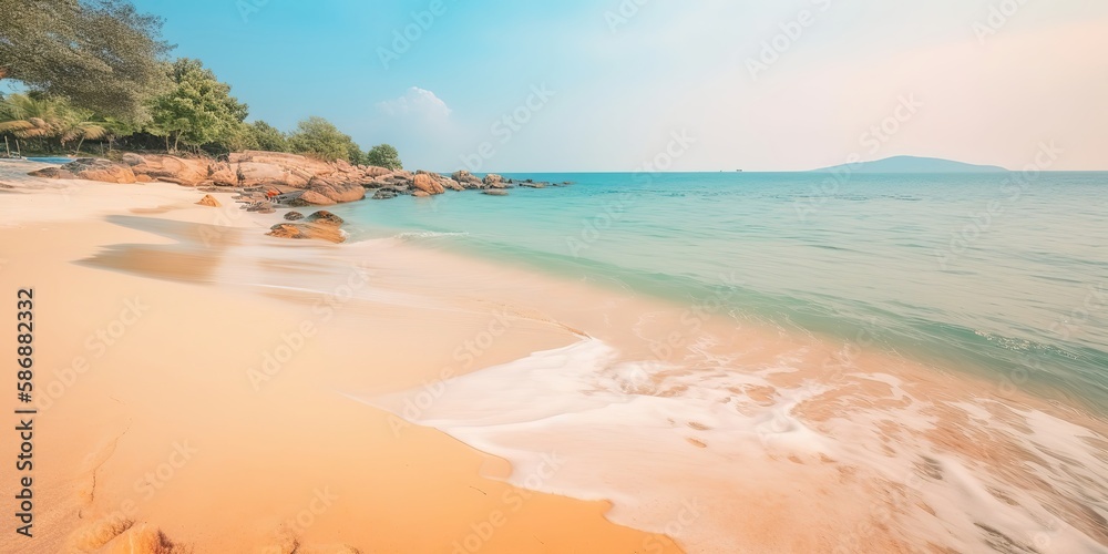 Poster summer landscape of a sunny day on the beach with waves from the sea.colorful summer template. conce