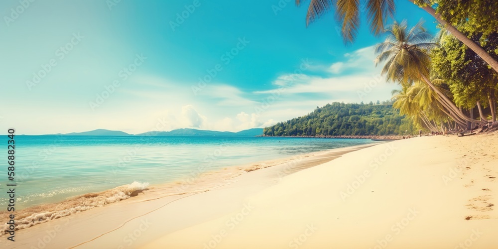 Poster summer landscape background with palm tree and sea.colorful summer template. concept of recreation. 