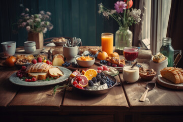 Fototapeta na wymiar Stunning beautiful breakfast, nice lighting, holiday feeling.