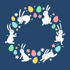 Obraz premium Happy easter card with bunnies and eggs. Minimalist holiday vector illustration design in circular shape